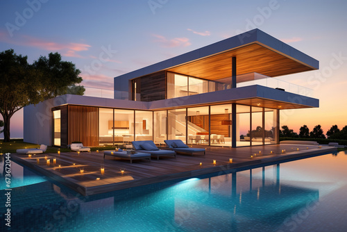 Exterior of modern minimalist cubic villa with swimming pool at sunset © arhendrix