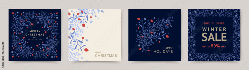 Winter holidays square templates with Сhristmas tree branches, berries and snowflakes. Christmas Foliage frame. Winter sale on social networks. Vector for greeting card, cover, banner, social media  - obrazy, fototapety, plakaty 