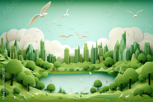 Ecology and environment conservation creative idea concept design.Green eco urban city and nature landscape background paper art style © arhendrix