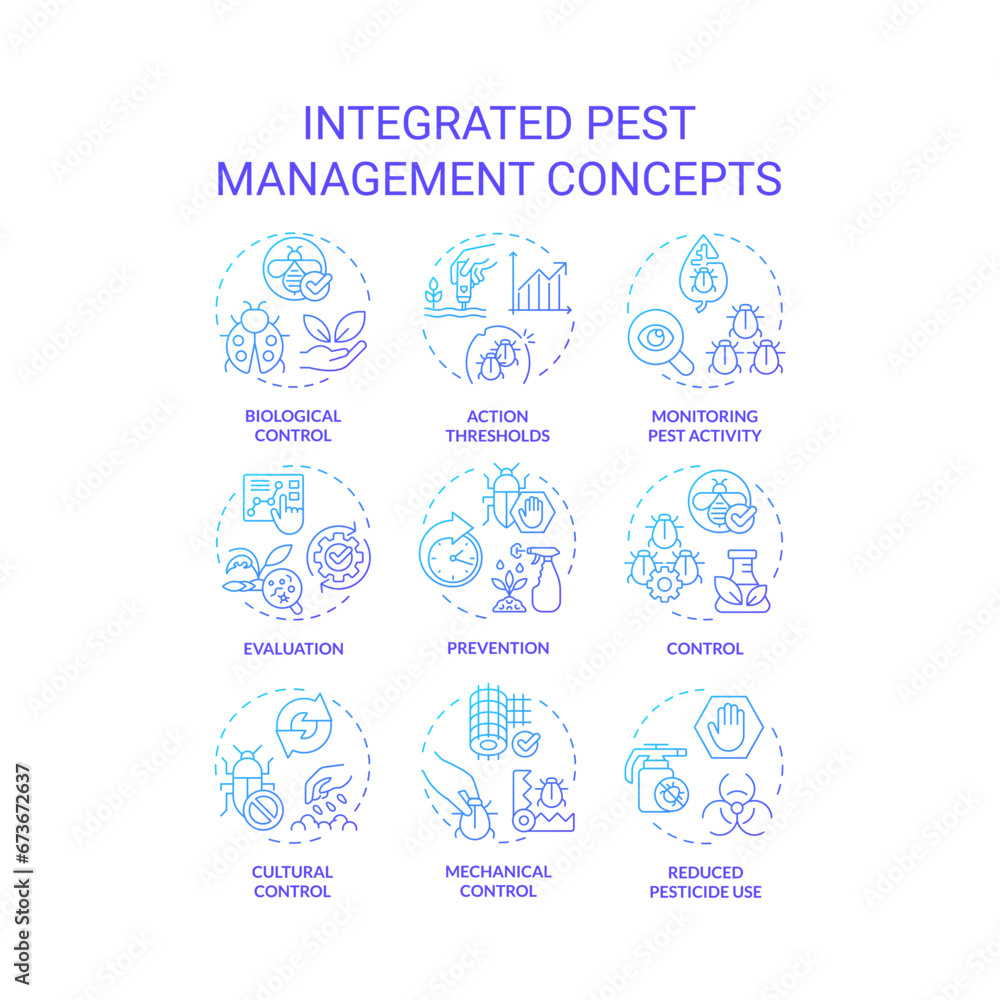 Collection of 2D gradient thin line icons representing integrated pest management, isolated vector, linear illustration.