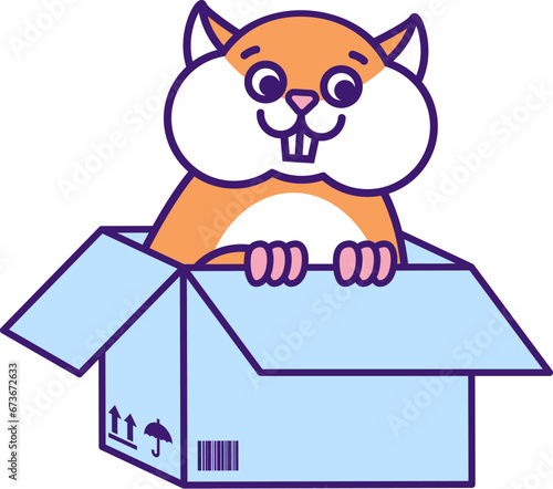 Cute small adopt red hamster sits in cardboard box and waits for owner help. Homeless guinea pig. Pets and animals care concept. Vector cartoon illustration in thick stroke isolated on white back