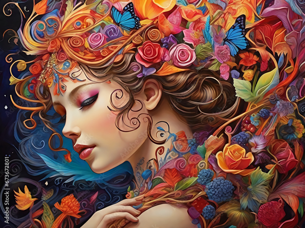 Festive Princess Portrait with Colorful Blooms and Dreamy Fashion