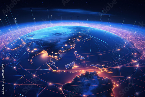 Connection lines around the Earth's surface, future technology backdrop with circles and lines. Internet, social media, travel, or logistical concepts.