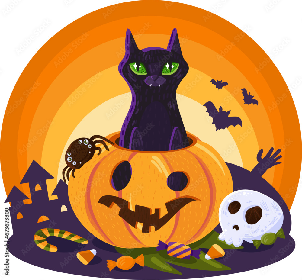 Halloween Black Cat peeks out from creepy pumpkin decorated with candy bones and festive Halloween elements. Arcane items for witchcraft and rituals. Cartoon vector isolated on white background