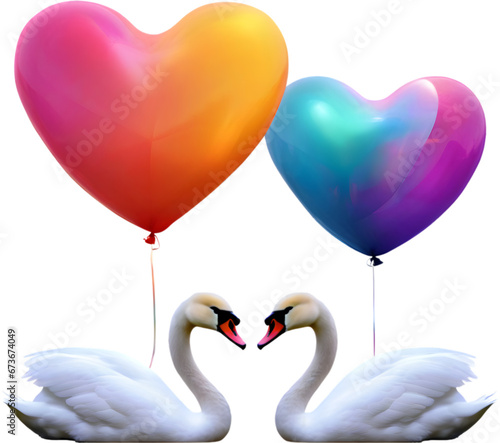 Detailed drawing of two swans with a balloon in the background. 