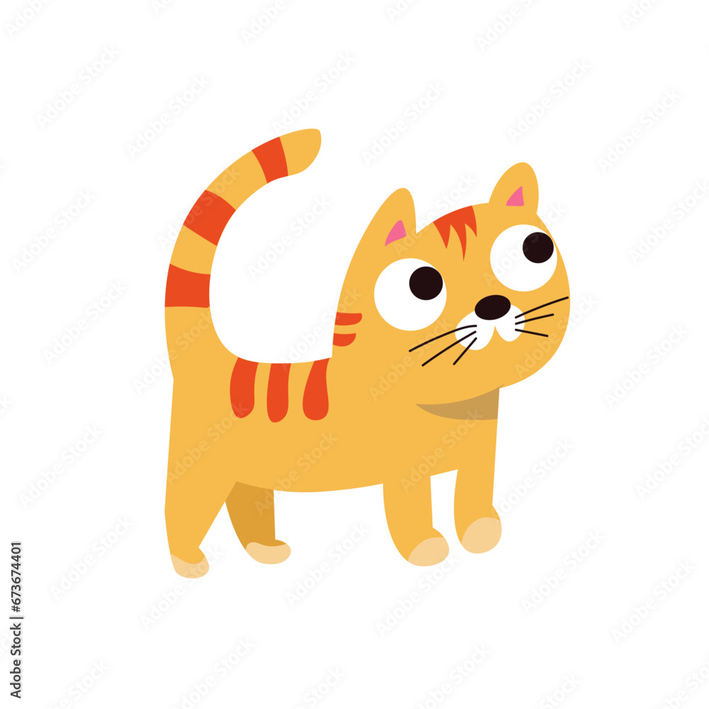 Cute cartoon animal on farm for design. Isolated illustration on background. Red cat looks on. Vector picture for books, workbooks, cards. 