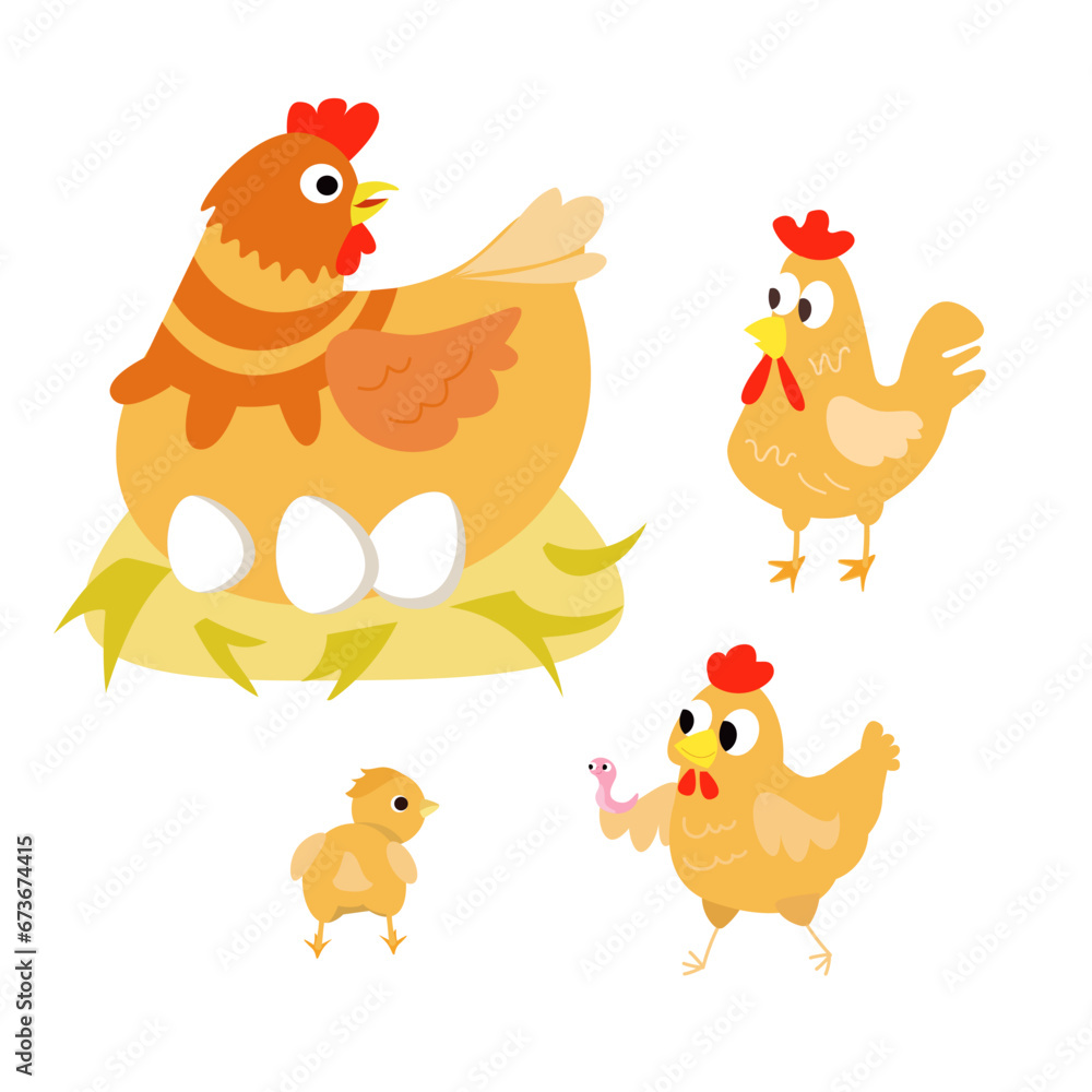 Cute cartoon animals on farm for design. Isolated illustration on background. Vector picture for books, workbooks, cards. Hen and Chickens of different ages. 