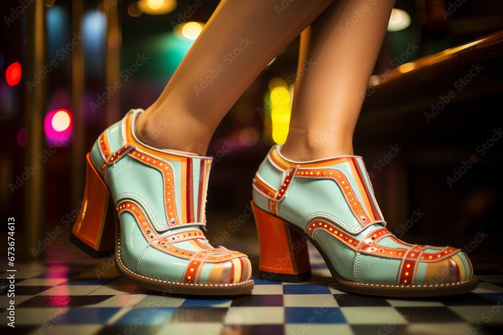 A close up of a person wearing funky disco dancing high heel shoes in an American diner. A Glamorous Close-Up of Striking High Heels