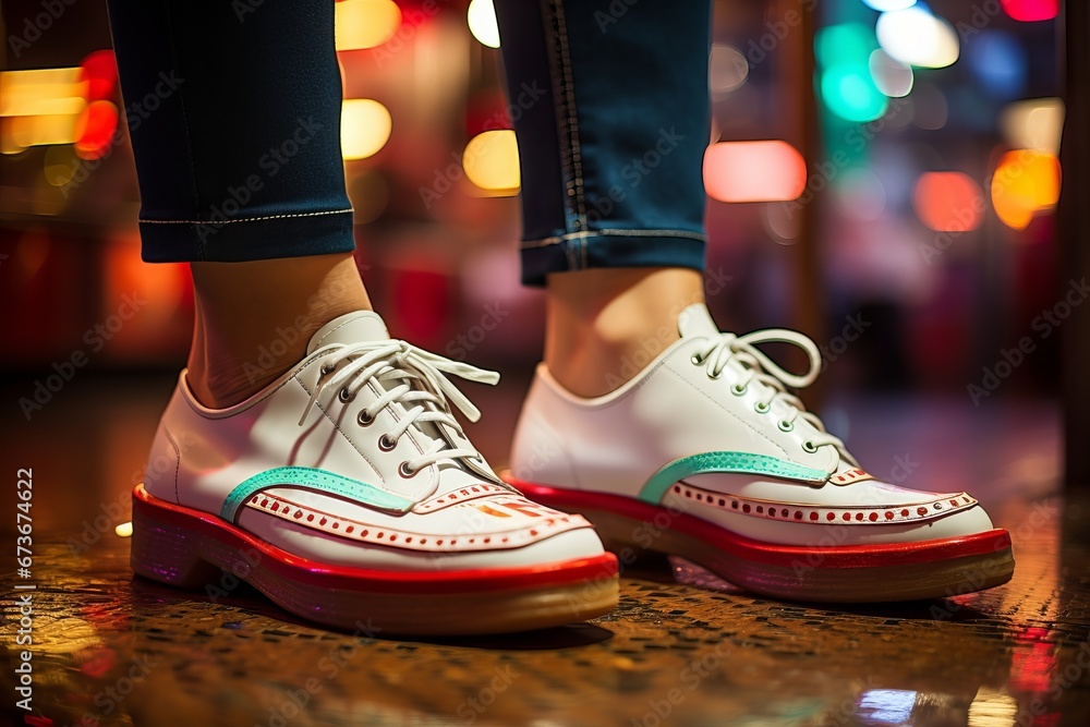 A close up of a person wearing funky disco dancing shoes in an American diner. A Glamorous Close-Up of Striking disco dancing shoes