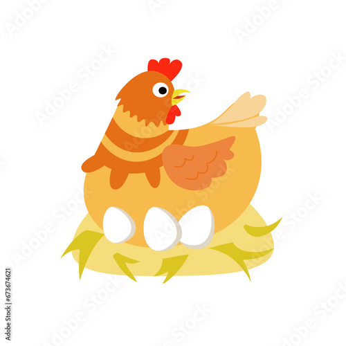 Cute cartoon animal on farm for design. Hen with eggs on nest. Isolated illustration on background. Vector picture for books, worksheets, cards. 