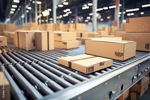Closeup of multiple cardboard box packages seamlessly moving along a conveyor belt in a warehouse fulfillment center, a snapshot of e-commerce, delivery, automation and products. © arhendrix
