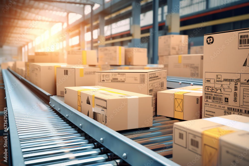 Closeup of multiple cardboard box packages seamlessly moving along a conveyor belt in a warehouse fulfillment center, a snapshot of e-commerce, delivery, automation and products. Closeup of multiple cardboard box packages seamlessly moving along a conveyor belt in a warehouse fulfillment center, a snapshot of e-commerce, delivery, automation and products.