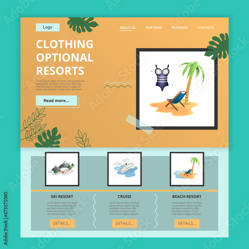 Clothing optional resort flat landing page website template. Ski resort, cruise, beach resort. Web banner with header, content and footer. Vector illustration.