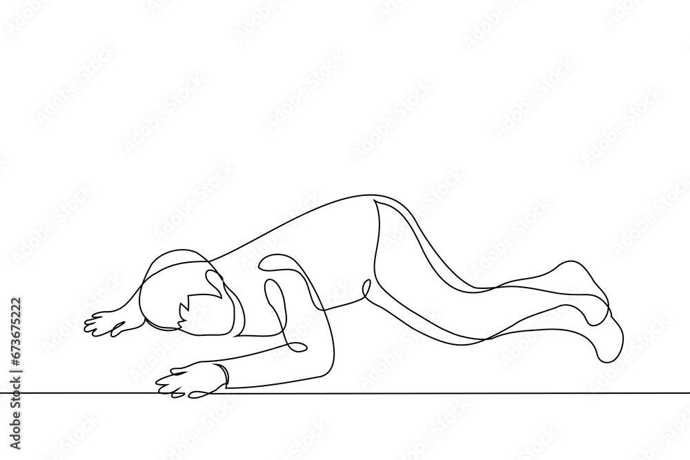 man lies on the ground face down in full height one line art vector