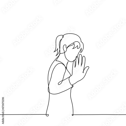 woman leaves waving hand - one line art vector. concept saying goodbye while leaving, stop gesture