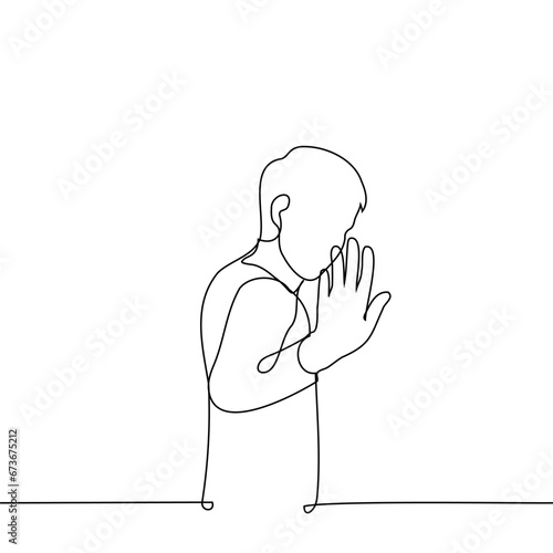man leaves waving hand - one line art vector. concept saying goodbye while leaving, stop gesture