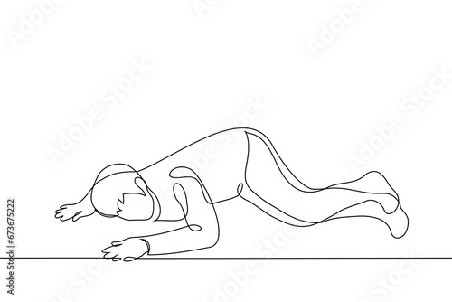 man lies on the ground face down in full height - one line art vector. concept fall, metaphor for social fall, hysteria or panic attack