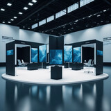 Modern IT Business Gaming Convention With Demonstration Booths And Monitors, Large Hall Interior, Generative AI