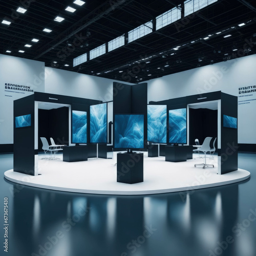 Modern IT Business Gaming Convention With Demonstration Booths And Monitors, Large Hall Interior, Generative AI