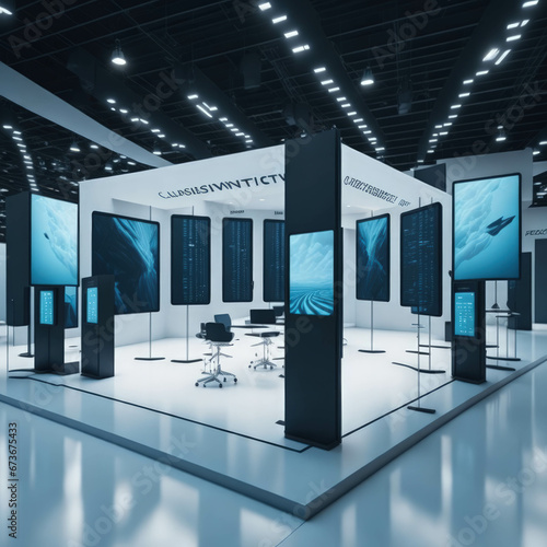 Modern IT Business Gaming Convention With Demonstration Booths And Monitors, Large Hall Interior, Generative AI