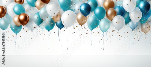 An abstract and versatile wide-format background image, showcasing colorful balloons on the top and leaving room for customization against a white background. Photorealistic illustration