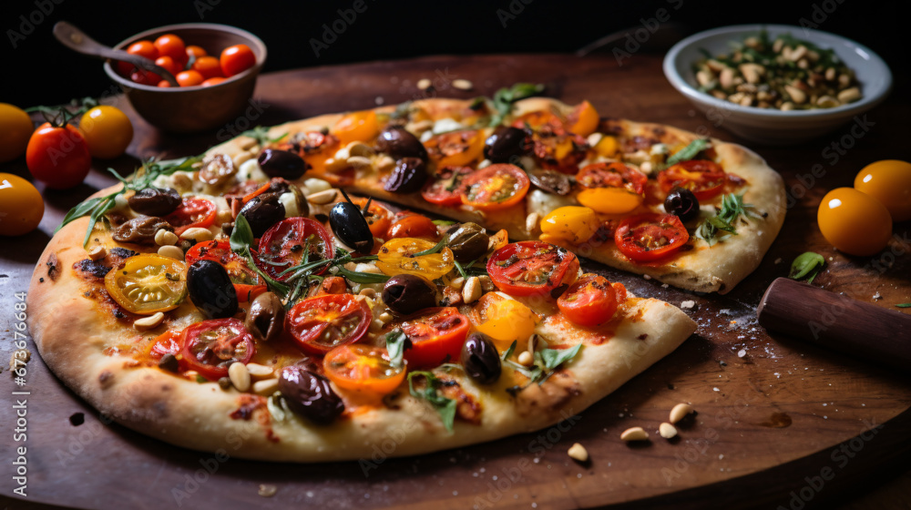 A tomato pizza with olives