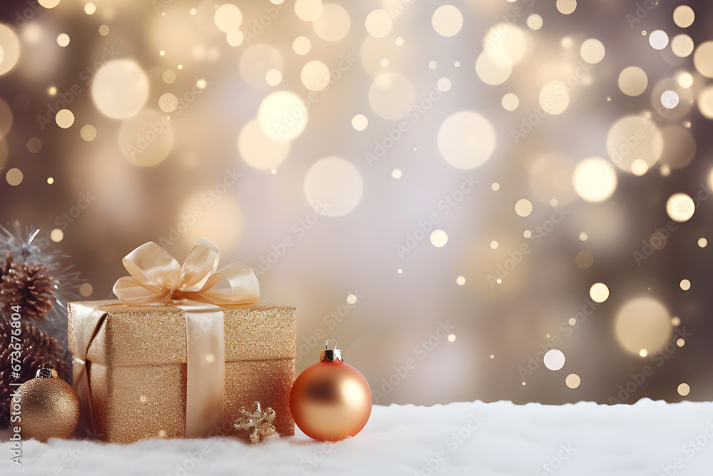 Christmas banner with Christmas decorations, gift boxes, sparkling bokeh. Christmas banner with Christmas decorations, gift boxes, sparkling bokeh.