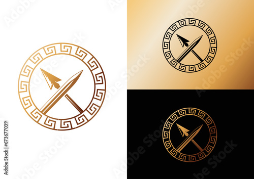 Vector spartan shield with sword and spear logo design concept