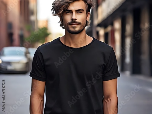 portrait of a person in city with black tshirt