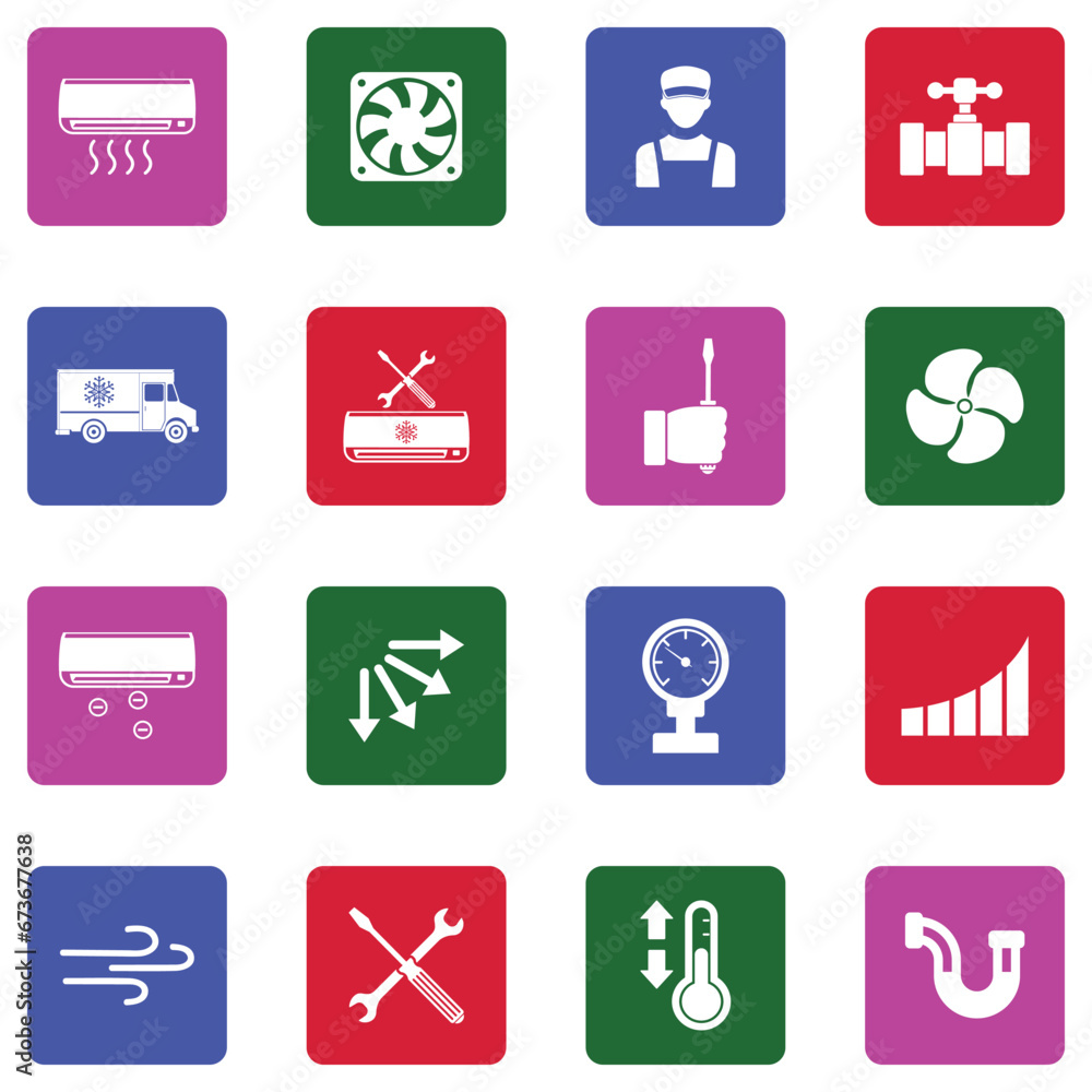 Air Conditioning Maintenance Icons. White Flat Design In Square. Vector Illustration. Air Conditioning Maintenance Icons. White Flat Design In Square. Vector Illustration.
