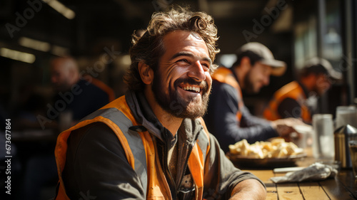 Happy construction worker dining in site cafeteria photo