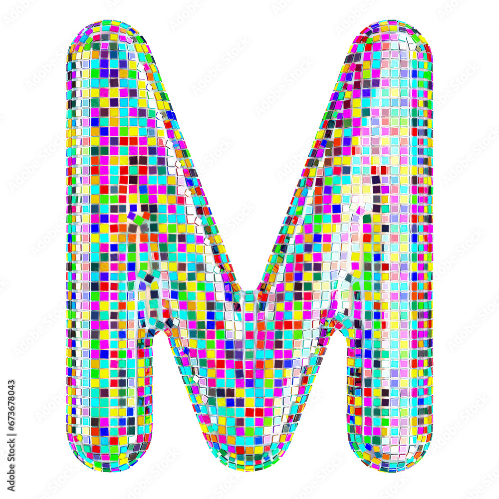 Mosaic font, letter M from vivid mosaic pieces. 3D rendering isolated on transparent background
