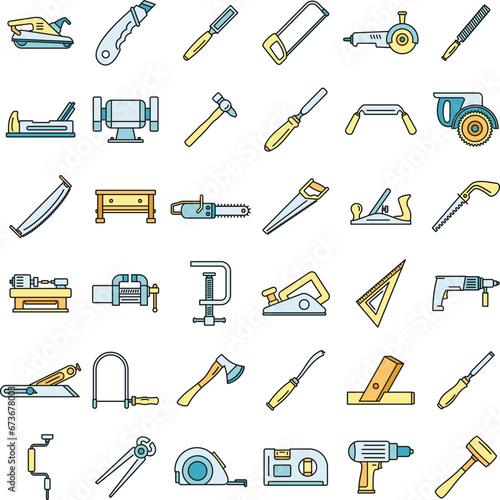 Carpenter working icon set. Outline set of carpenter working vector icons thin line color flat on white