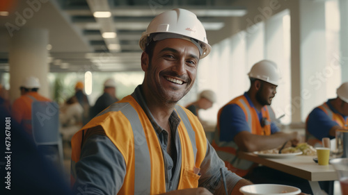 Happy construction worker dining in site cafeteria photo