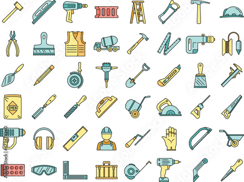 Masonry worker construction icon set. Outline set of masonry worker construction vector icons thin line color flat on white