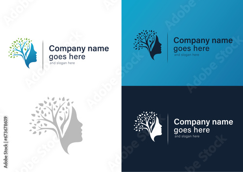Vector human face with a tree growing logo design concept