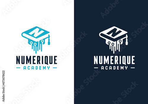 Vector square academic cap with a book shape and wires logo concept