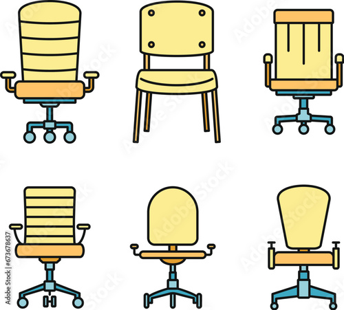 Modern desk chair icons set. Outline set of modern desk chair vector icons thin line color flat on white