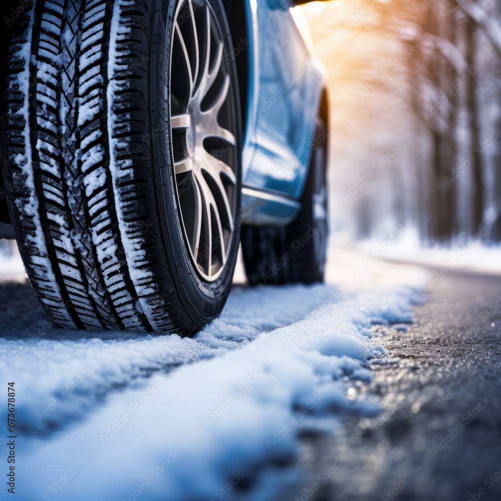 Snowy Roadside Silence: Car Tires Amidst Winter's Embrace