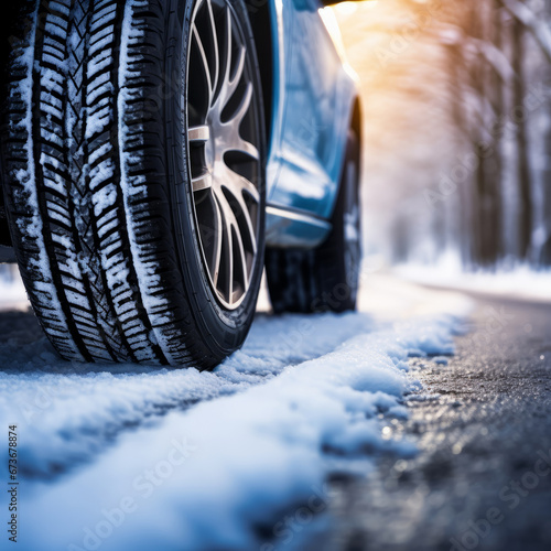 Snowy Roadside Silence: Car Tires Amidst Winter's Embrace