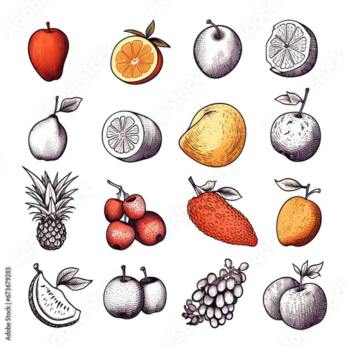 hand-drawn rough line illustrations with a fruit theme on transparent background