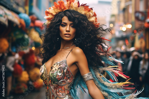 Beautiful exotic woman dancing on the streets during carnival. photo