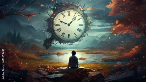 A person looking at a clock in an open field and thinking: "I've never found time spent amongst nature to be a waste of time". Generative AI