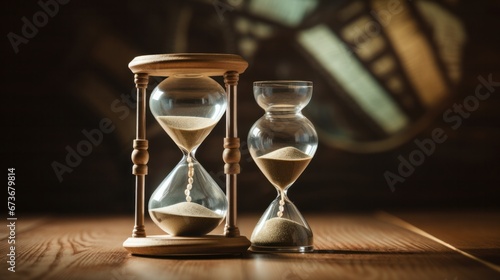 Sand clock or hourglass and dollar bagson a balance scale in equal position on wood table. Financial concept : Time value of money, asset growth over time, depicts investment in long-term equity