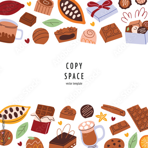 Greeting card for birthday, Christmas or Valentines banner, chocolates, candies, desserts composition, square template with copy space, vector arrangement with cocoa, truffles, poster graphic design