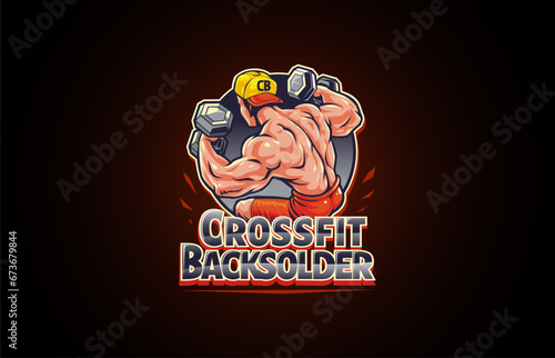 Fitness and Gym Mascot Logo. a muscular male character carrying a barbell in both hands