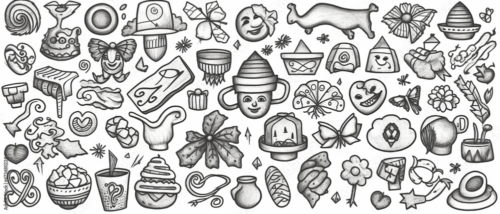 New Year themed lucky charms hand drawn line drawing illustration on white background New Year themed lucky charms hand drawn line drawing illustration on white background