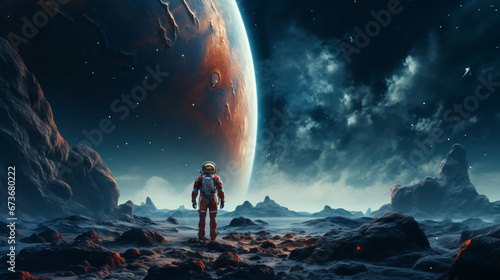 An astronaut walks in his space suit
