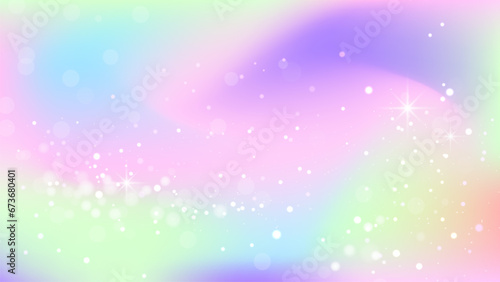 Rainbow background. Fantasy holographic background with stars. Pastel gradient background.