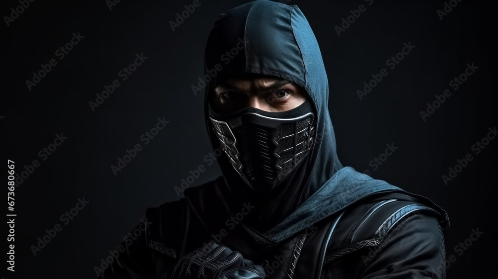Assassin ninja in black clothes on dark background Assassin ninja in black clothes on dark background